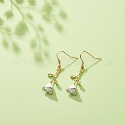 エナメル ローズ オブ ライフ ダングル イヤリング  女性用ゴールドメッキ 304 ステンレススチールジュエリー  ホワイト  44mm  ピン：0.8mm&nbsp;EJEW-JE05038-02