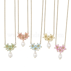 Collana con ciondolo a goccia di fiore con perline di vetro galvanizzate e catena a maglie in acciaio inossidabile 304&nbsp;NJEW-MZ00156