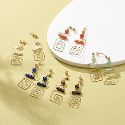 5 ペア 5 スタイル天然混合宝石コラム ビーズ ダングル スタッド イヤリング  女性のための真鍮の長方形のロングドロップイヤリング  ライトゴールド  50mm  ピン：0.8mm  1ペア/スタイル&nbsp;EJEW-JE05075