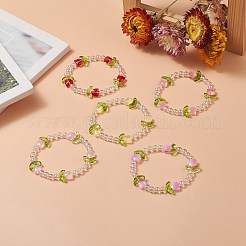 Женский эластичный браслет с тюльпанами и акриловыми бусинами лэмпворк&nbsp;BJEW-JB09306