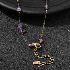 Женские ожерелья из нержавеющей стали 304 с натуральным аметистом NJEW-K255-59G