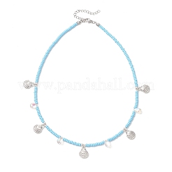 Boho-Halskette mit muschelförmigem Anhänger aus Edelstahl 304 und Glasperlen&nbsp;NJEW-MZ00147-01