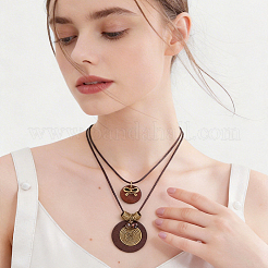 Collier double rang avec pendentif en bois et alliage bohème (1 pièce) pour femme&nbsp;NJEW-CL0001-37