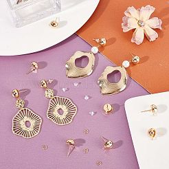 20 個の真鍮のスタッドのイヤリングパーツ  水平ループ付き  半円  丸カン20個とプラスチック製イヤーナット50個付き。  18KGP本金メッキ  13x10mm  穴：1mm  ピン：0.8mm&nbsp;DIY-CN0002-45