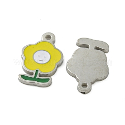 304ステンレススチールチャーム  エナメル  笑顔のチャーム付きフラワー  ステンレス鋼色  きいろ  13x8x1mm  穴：1mm&nbsp;STAS-L022-435P-02