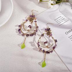Большие серьги-капли с подвесками из натурального аметиста&nbsp;EJEW-SW00016-03
