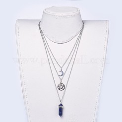 弾丸天然ラピスラズリペンダントティアードネックレス  チベットスタイルの合金金具と304ステンレス鋼金具付き  梱包箱  16.4インチ（41.8cm）  2mm&nbsp;NJEW-JN02457-03