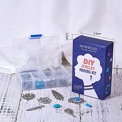 DIYピアス作り  チベットスタイル合金の羽のペンダント付き  合成ターコイズビーズ  真鍮製のピアスフック  アイアン製9ピン  丸カン  ミックスカラー  11x7x3cm&nbsp;DIY-SC0006-83