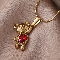 Женские кулоны-подвески в виде медведя из нержавеющей стали 304 с красным стеклянным кулоном&nbsp;PA5495