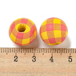 プリントウッドヨーロピアンビーズ  タータン模様のラウンド  ゴールド  15.5~16mm  穴：4~4.5mm&nbsp;WOOD-G022-13C