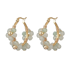 Серьги-кольца из цветочной латуни и натурального зеленого авантюрина&nbsp;EJEW-TA00781-03