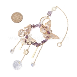 Украшение в виде кольца с железной бабочкой и натуральным аметистом HJEW-TA00244