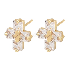 Серьги-гвоздики в форме креста с микропаве из прозрачных кубических цирконий из латуни&nbsp;EJEW-F400-22A-G