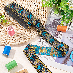 エスニック風刺繍ポリエステルリボン  葉の模様  淡いターコイズ  1-3/8インチ（34mm）  約7.66ヤード（7m）/ロール&nbsp;OCOR-WH0067-74G