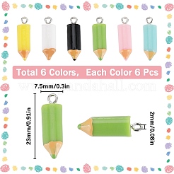 36個6色不透明樹脂ペンダント  プラチナトーンのアイアンループ付きペンシルチャーム  ミックスカラー  23x7.5mm  穴：2mm  6個/カラー&nbsp;RESI-SC0002-92