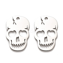 Halloween 304 Stainless Steel Pendants, Laser Cut, Skull Charm, Stainless Steel Color, 30x19.5x1mm, Hole: 2mm