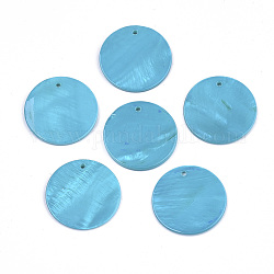 Pendentifs de coquillages d'eau douce naturelle, plat rond, peint à la bombe, bleu profond du ciel, 25x2mm, Trou: 1.5mm