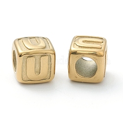 304 perline europei in acciaio inox, perline con foro grande, foro orizzontale, cubo con lettera, oro, letter.u, 8x8x8mm, Foro: 4 mm