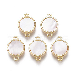 Brass Links, with Freshwater Shell, Nickel Free, Flat Round, Real 18k Gold Plated, Seashell Color, 14x10x3mm, Hole: 1.2mm