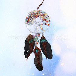 Woven Net/Web with Feather Gemstone Chips Pendant Decorations, with Wire Wrapped Flat Round with Tree of Life, for Home, Car Interior Ornaments, Black, 200~250mm