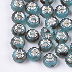 Perles européennes en alliage, Perles avec un grand trou   , avec noyaux en laiton plaqué couleur argent, rondelle, bleu clair, 14x8.5~9mm, Trou: 5mm