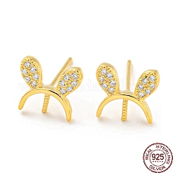 Rabbit Ear 925 Sterling Silver Micro Pave Clear Cubic Zirconia Stud Earring Findings, for Half Drilled Beads, with S925 Stamp, Real 18K Gold Plated, 8.5x9.5mm, Pin: 10.5x0.7mm and 0.7mm