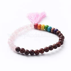 Bijoux chakra, bracelets extensibles avec breloque, avec des perles en bois  , perles de quartz rose naturel et pompon en coton, 2-1/8 pouce (5.5 cm)