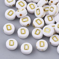 Plating Acrylic Beads, Golden Metal Enlaced, Horizontal Hole, Flat Round with Alphabet, White, Letter.D, 7x3.5mm, Hole: 1.2mm, about 3600pcs/500g