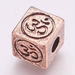 Perles en laiton, cube avec le symbole om, antique en or rose, 8x8x8mm, Trou: 3mm