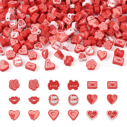 Cheriswelry perline di argilla polimerica fatte a mano a tema san valentino, forme misto, rosso, 6~9.5x9.5~11x4~4.5mm, Foro: 1.4~1.6 mm, 30pcs / style