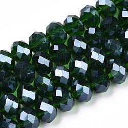 FilI di perline in vetro placcato, lustro di perla placcato, sfaccettato, rondelle, verde scuro, 3x2mm, Foro: 0.8 mm, circa 150~155pcs/filo, 15~16 pollice (38~40 cm)