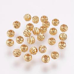 Perle di ottone scolpito, placcato di lunga durata, tondo, vero placcato oro 18k, 3.5~4x3mm, Foro: 2 mm
