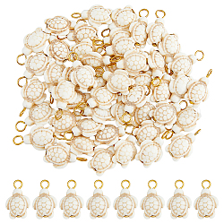 50 pezzo di pendenti in turchese sintetico tinto, ciondoli tartaruga marina con anelli in ferro placcato oro, bianco floreale, 22x14x6~8mm, Foro: 3.5 mm, 50 pc / set