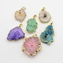 Nuggets Dyed Natural Druzy Agate Pendants, with Golden Plated Brass Findings, 32~45x24~37x5.5~8mm, Hole: 8x5mm