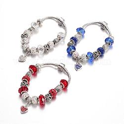 Bracelets en alliage avec perles européennes avec strass, avec des perles de verre et chaîne en laiton, couleur mixte, 190mm