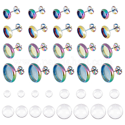 Kit per la creazione di orecchini semitondi dicosmetici fai da te, incluse 304 montatura per orecchini a bottone in acciaio inossidabile, Cabochons di vetro, colore arcobaleno, 64pcs/scatola