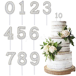 Craspire 10 ensembles 10 styles numéro en plastique imitation perle et strass décoration de gâteau, cartes d'insertion de gâteau, pour la décoration de gâteaux, blanc, 45~49x19~36x5.5mm, 1 ensemble/style
