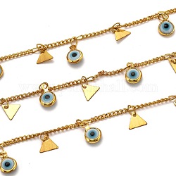 3.28 Feet Brass Curb Chains, with Evil Eye Glass Charms, Long-Lasting Plated, Soldered, Triangle, Golden, Links: 2.5x1.9x0.5mm, Charms: 7.5x6.6x0.3mm and 10x6.8x3mm