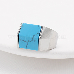 Прямоугольное кольцо на палец с синтетической бирюзой, ювелирные изделия из титановой стали цвета нержавеющей стали, цвет нержавеющей стали, внутренний диаметр: 18.2 мм