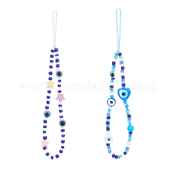 Olycraft 2Pcs 2 Style Evil Eye Glass Beaded Phone Lanyard, Wrist Straps Heart/Star/Flower Beads Mobile Phone Lanyard for Woman Men, Mixed Color, 16.5cm and 17.5cm, 1pc/style
