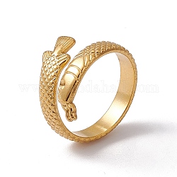 Chapado en iones (ip) 304 anillo de acero inoxidable arowana fish wrap open cuff ring para mujer, real 18k chapado en oro, nosotros tamaño 7 1/4 (17.5 mm)