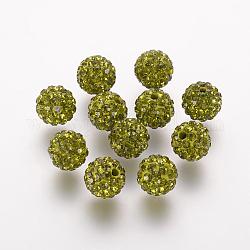 Perles de strass en argile polymère, Grade a, ronde, Perles de boule pavé disco , olivine, 10x9.5mm, Trou: 1.5mm