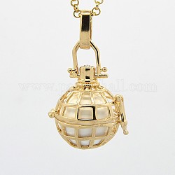 Golden Tone Brass Cage Pendants, Chime Ball Pendants, Grid, with Brass Spray Painted Bell Beads, White, 25x23x19mm, Hole: 3x5mm