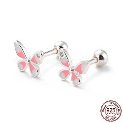 Серьги-гвоздики из стерлингового серебра с бабочкой 925 для девушек и женщин, изящные минималистичные серьги-гвоздики из эмали с круглой гайкой, серебряные, розовые, 6x7 мм, штифты : 1 мм