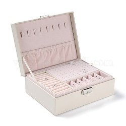 PU-Kunstleder-Schmuck-Organizer-Box mit Schloss, Doppelt stapelbares Schmuckkästchen für Ohrringe, Ring, und Halskette, Rechteck, weiß, 23x17.5x8.9 cm
