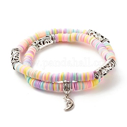 Handmade Polymer Clay Heishi Beads Wrap Bracelet, Word Love Moon Alloy Charm Two Loops Bracelet for Women, Mixed Color, Inner Diameter: 4-3/8 inch(11.2cm)