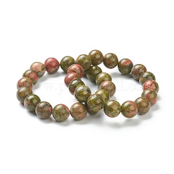 Bracelets extensibles de perles naturelles unakite, ronde, perles: 12~12.5 mm, diamètre intérieur: 2-1/8 pouce (5.4 cm)