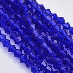 Faceted Bicone Glass Beads Strands, Dark Blue, 4x4mm, Hole: 1mm, about 92~96pcs/strand, 13.78~14.37 inch