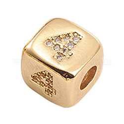 Perles de zircone cubique micro pave en Laiton, cube avec nombre, clair, or, num. 4, 8.5x8.5x8.5mm, Trou: 3.5mm