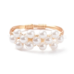 Anello di perline intrecciate con perle di conchiglia, anello avvolgente in filo di rame per le donne, oro chiaro, bianco, misura degli stati uniti 7 3/4 (17.9mm)